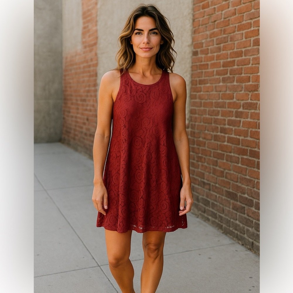 Sleeveless lace swing dress in rust